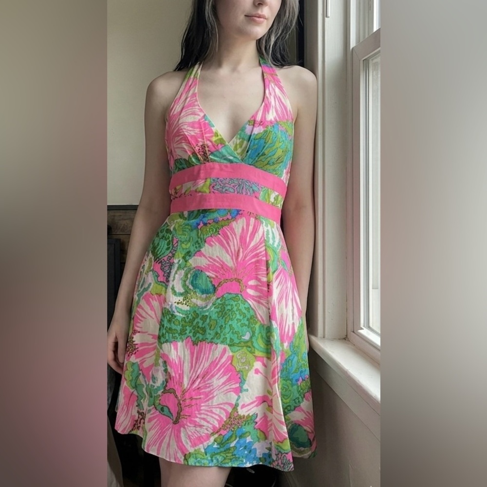 Vintage Nanette Lepore Pink and Green Floral Halter Dress